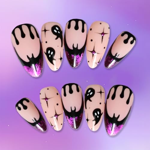 24Pcs Halloween Press on Nails Medium Almond French Tip Fake Nails Black Ghost with Bloody Drop Horror Designs Purple Glitter Full Cover Tips Glue on Nails Goth False Nails for Acrylic Manicure Salon