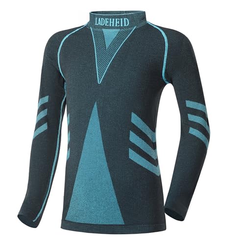 Ladeheid Camiseta Térmica Niño Manga Larga – Camiseta Deportiva de Compresión, Ropa Interior Funcional Unisex Niños, Transpirable y Cálida para Invierno y Deportes LAGI007 (Negro/Turquesa, 146-152)