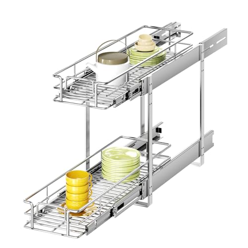 2 Tier Individual Pull Out Cabinet Organizer 9" W x 21½" D, Heavy...