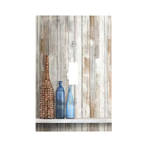 Sghxwp Cubiertas decorativas para placa de interruptor, jarrones azules vintage, margaritas, tablón de madera gris, 1 banda, placa de pared de interruptor de luz de palanca única, placa de interruptor