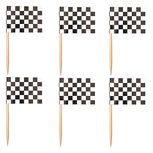 Parieo 100 Stück Karierte Rennflagge schwarz und weiß karierte Flagge Party Zahnstocher Flaggen Cupcake Topper