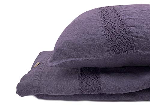 JOWOLLINA Bettwäsche-Set mit Spitze, 100% Leinen Stonewashed (Wild Plum, 200x200 cm, 2St. 40x80 cm) Cover