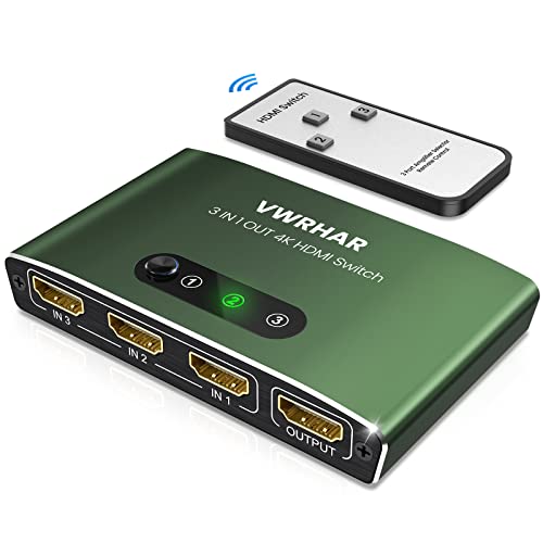 VWRHar HDMI Switch 3 IN 1 OUT Aluminum HDMI Splitter with Remote Supports 4K 3D HD Monitor Wireless Remoter Control Compatible with PS5/PS4/PS3, Laptop/PC DVD Blu-Ray Xbox Roku TV/HDTV