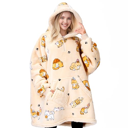 Giggling Getup Wearable Blanket Hoodie for Women Men Gifts for Teen Girls Sister Women Sherpa Fleece Hooded Blanket Sweatshirt Warm Cozy Sherpa Wearable Throw with Giant Pocket & Sleeves for Adult Cat