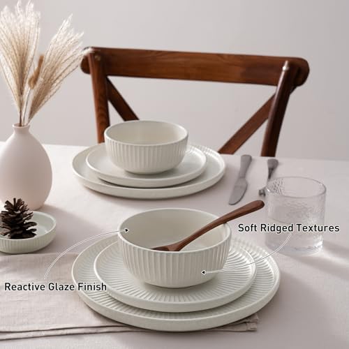 Image of Famiware Starlight 12-Piece Plates and Bowls Sets for 4, Stoneware Dinnerware with Ribbed Textured, Handcrafted Reactive Glaze Dishes - Dishwasher & Microwave Safe, Chip /Scratch Resistant, Matte White