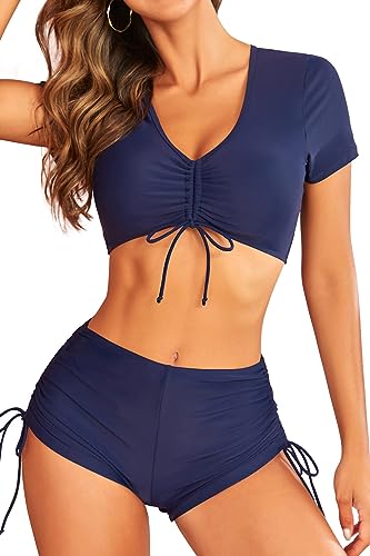 SHEKINI Conjunto de bikini para mujer de color sólido con escote en V, parte superior de bikini de manga corta con shorts ajustables, traje de baño de dos piezas, azul oscuro, S