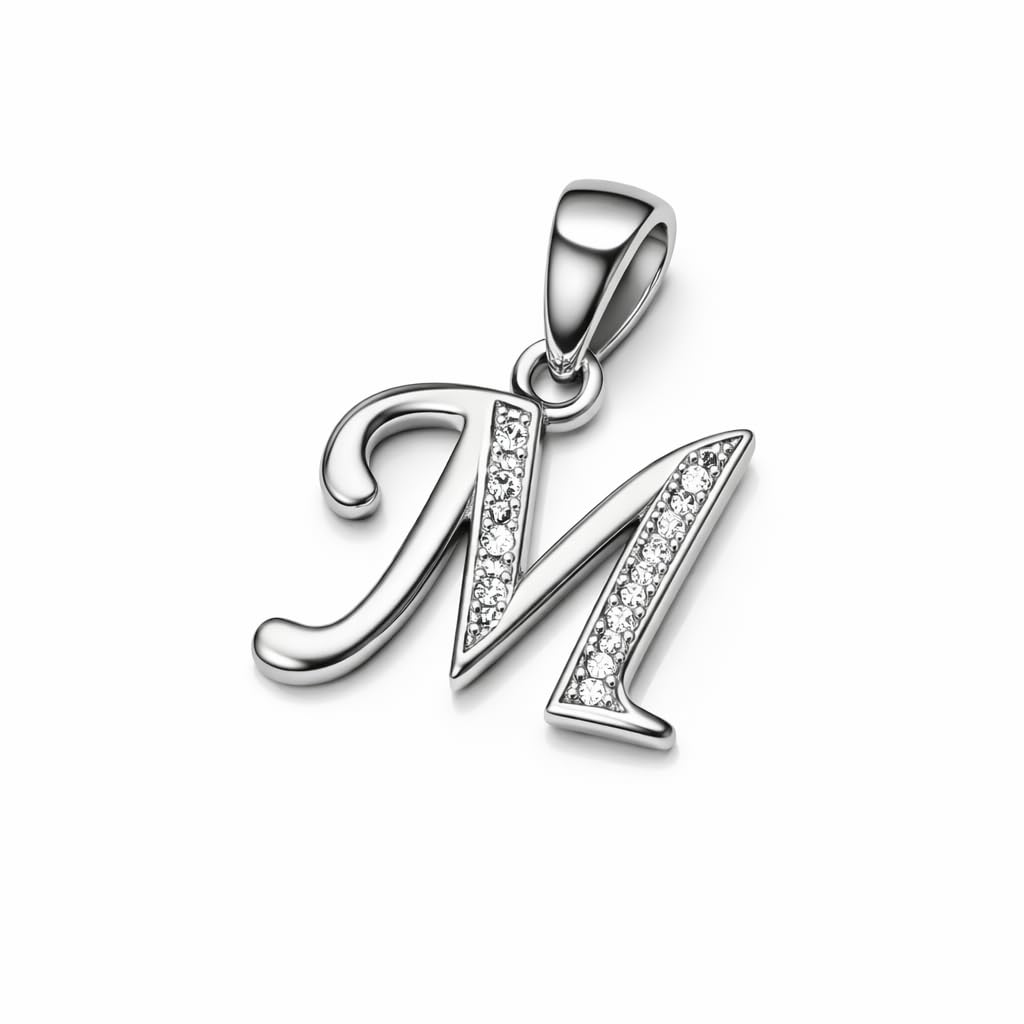 92.5 Sterling Silver Letter M Initial Pendant with CZ Stones | BIS Hallmarked Rhodium Polished Alphabet Locket | Unisex Pendant or Locket | Chain Not Included-image-29