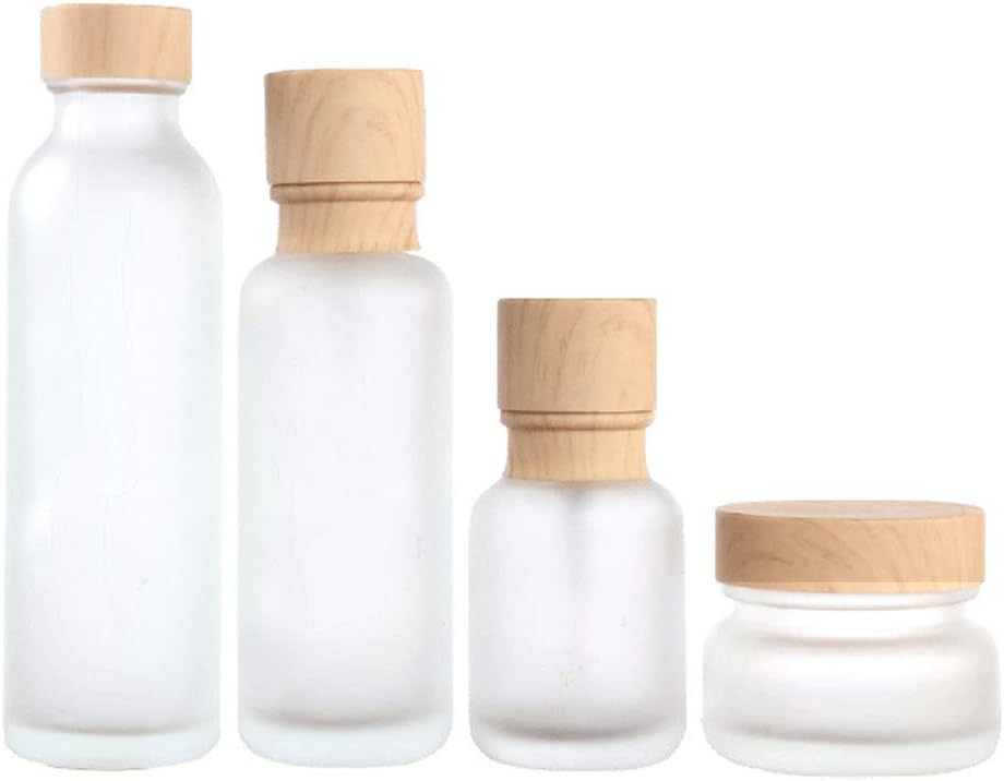Frosted Glass Bottle,Lotion Storage Box,Cream Container for Serum Base Lotion, Cosmetic Facial Cleanser Shampoo Cleanser Container, with Wood Grain Cover and beautifully wrapped carton(Set of 4 Pcs)