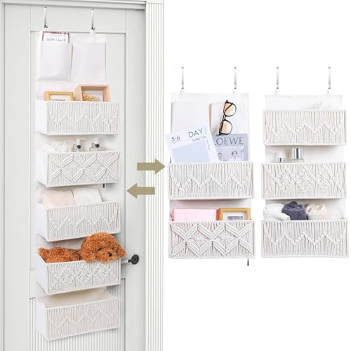 Image of ANTIS'S HOME Over the Door Organizer Macrame Boho Nursery Storage with 5 Large Woven Pockets, Hanging Closet Basket for Bathroom or Nursery, Behind the Door Storage Organizer