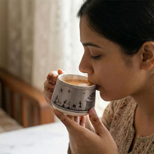 Image of The Earth Store Grey Warli Art Ceramic Tea Cup Set of 6 for Tea | 140ML Each | Microwave & Dishwasher Safe | Perfect for Every Occasion Chai | Coffee Cups for Home, Office, Gifting & Daily Use
