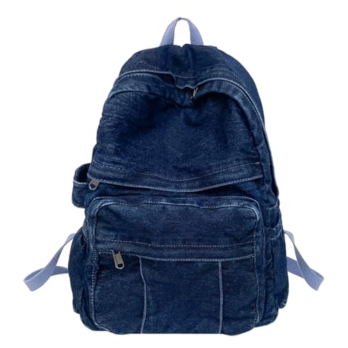 Generic Bolsa de ombro feminina jeans retrô de grande capacidade mochila escolar com alça ajustável mochila feminina diária, Azul-escuro, 400.00x310.00x130.00mm