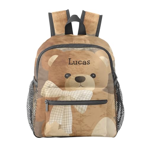 Brown Teddy Bear Bow Personalized Kids School Backpack for Boys Girls,Custom Name Mini Toddler Daypack Bags Kindergarten Bookbag, Design 3, KAR0921