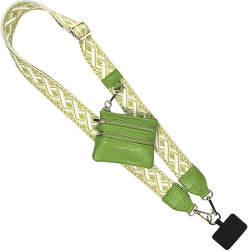 Image of Save the Girls Original Clip and Go Phone Strap Pattern (XOXO - Green) - Crossbody Phone Strap Chain with Zipper Wallet Pouch - Phone Lanyard Zippered