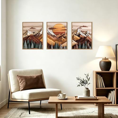 Image of KAIRNE Woodcut Style Mountain Framed Canvas Wall Art Set,Wooden Pine Tree Wall Decor,Vintage Forest Landscape Art Prints,Nature Sunrise Artwork for Living Room,Bedroom,Farmhouse,Office-12 x16 x3