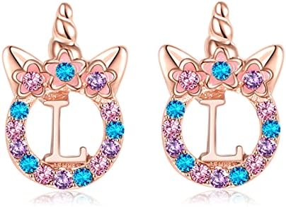 TRWWELL Cute Rose Gold Initial L Unicorn Hypoallergenic Stud Earrings CZ Rhinstone Initial Letter Stud Earrings Unicorns Jewelry Gifts for Girls