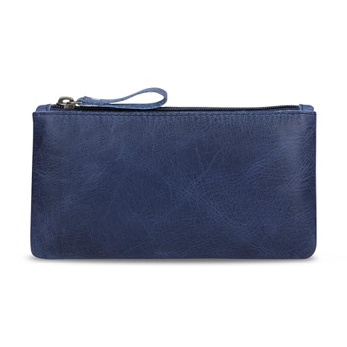 Image of Blue Leather Pencil Pouch with Zipper - Slim Pen Holder (8 inch x 4 inch Inches), Coin Pouch & Cash Holder, Genuine Leather Pencil Case, Money Organizer, Multipurpose Accessory Case for Men & Women