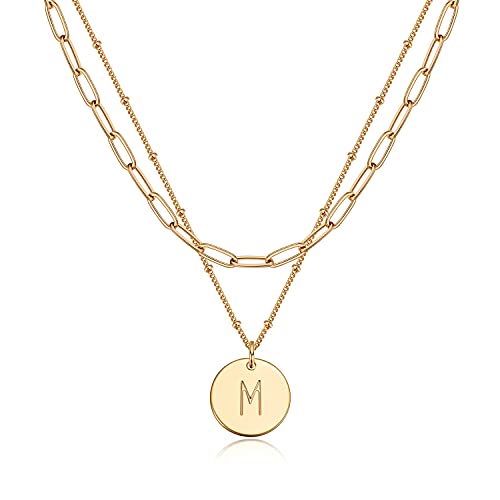 Valloey Rover Gold Layered Disc Necklace 14K Gold Plated Dainty Initial Coin Pendant Necklace Personalized Side Engraved Letter Alphabet Charm Layering Necklace For Women #TOP12