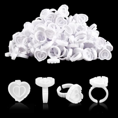 NXJ INFILILA Glue Rings for Eyelash Extensions 100PCS Disposable Rings For Lashes Lovely Heart Shape Makeup Plastic Nail Art Glue Cups Lash Extension Supplies for Eyelash Extensions White