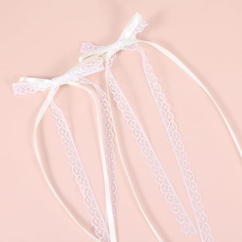 1 Pair Elegant Lace Bows for Hair White Lace Hair Bow Clips with Long Tail Ribbon Bows Satin Hairs Clip Coquette Ribbons Hairs Bow Accessories Cute for Women Bridal Bridesmaid Wedding Birthday Gifts
