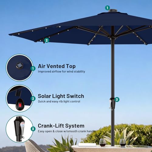 Image of AreShark 11FT Large Patio Umbrella with Solar Lights, Lighted Solar Umbrella with Crank, Outdoor Table Market Umbrellas for Garden, Deck, Backyard, Pool and Beach, Navy