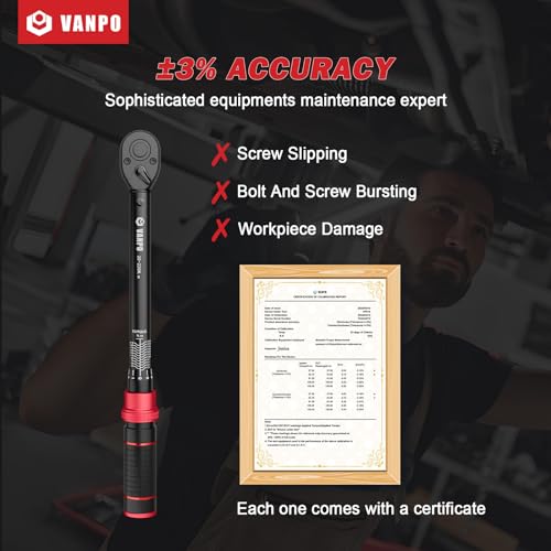 VANPO 1/2" Llave Dinamométrica 20-220Nm, 72 Dientes Moto y Coche Llave Dinamométrica Set 3 Piezas con Barra de Extensión de 125cm, 1/2"-3/8" Adaptador, para Reemplazo de Llantas - Imagen 3