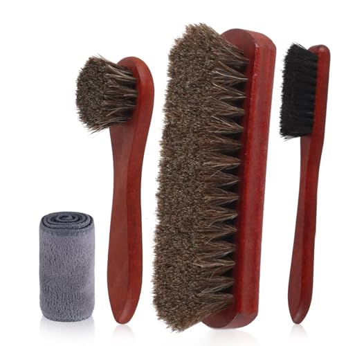 Horsehair Shoe Brush 4 Pcs 100% Horsehair Premium Shoe Cleaning Brush Kit with Microfiber Cloth Leather Boots Shoes Boots Care Cleaner Brush Leather Polish Dauber Applicator with Edge Brush