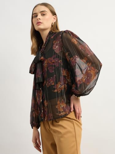 بلوزة مطبوعة باكمام منفوخة ورقبة برباط للنساء من ستايلي، مقاس S، لون اسود