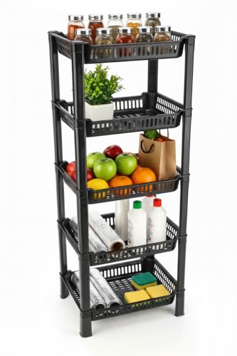Image of U-Max Multi Tire Kitchen Storage Rack, Plastic Utility Shelf Organiser, Space Saving Storage Solution, Revolving Vegetable Rack (Black, 5)