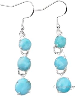 Solid 925 Sterling Silver Dangle Drop Earrings For Women, Natural Blue Larimar Cabochon Round Multi Gemstone Unique Handcrafted Earrings