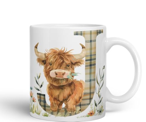 Vixar Highland Cow Alphabet Monogram Coloured Ceramic Cup Mug – Letter J – Rustic Farmhouse Animal Letter Gift – 11oz (White)