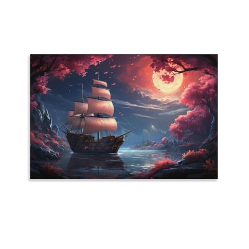 Arbre lune bateau tableau sur toile moderne pour une ambiance sereine