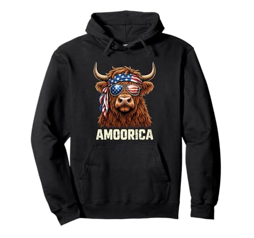 Amoorica Funny Highland Cow Patriotic Farmer Pullover Hoodie