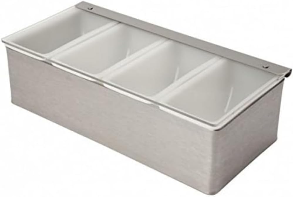 Beaumont 4‑Part Stainless Steel Condiment Holder – Professional Bar Garnish Station with Removable 1‑Pint Inserts & Clear Lid | Durable, Easy‑Clean Countertop Prep Organiser