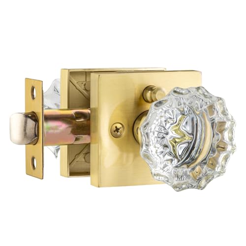 MaxxGeek Privacy Door Knob with Lock and Push Pin - Glass & Zinc Alloy Gold Finish for Bedroom Bathroom Interior Doors