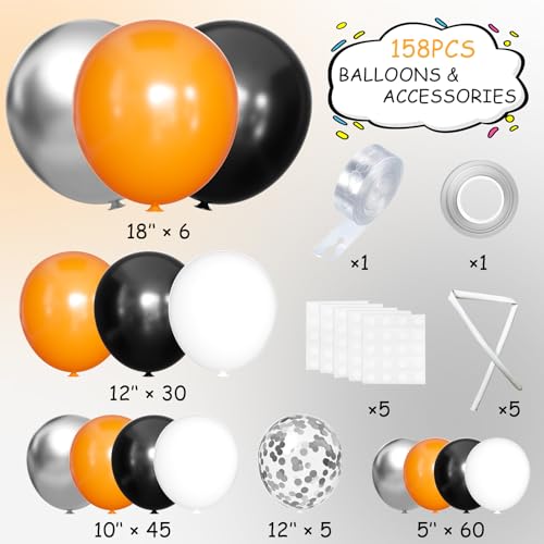 Image of MEBAY Orange Black White and Metallic Silver Balloons Garland Arch Kit, 146 Pcs Latex Balloons with Confetti for Birthday Party Graduation Father's Day Anniversary Bachelorette Party Decoration