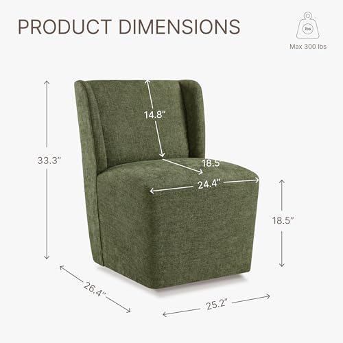 Image of KISLOT Upholstered Dining Chairs Set of 1 with Casters, Wingback Modern Side Armless Deskchair with Rollers for Diningroom Bedroom Livingroom Reading Room, Green Fabric
