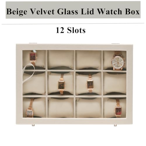 XHMQYC Watch Organizer Watch Storage Box Watch Display Case for Men Women Watch/Jewelry/Bracelet Box with Glass Lid for Show (Beige 12 Slot, Velvet) by XHMQYC - Used condition - Image 5