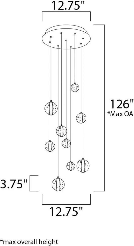 Dimensional drawing of ET2 Harmony E24506-91PC LED Pendant Light showing 12.75 inch width and 126 inch maximum overall height