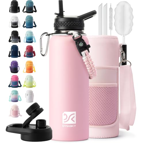 Image of DYSANKY Insulated Water Bottle | Thickened Stainless Steel Vacuum Metal | Portable Sports Water Jug for Gym and Hiking with Straw, Carrier Bag, Handle Strap | BPA-Free 40 oz, Pink