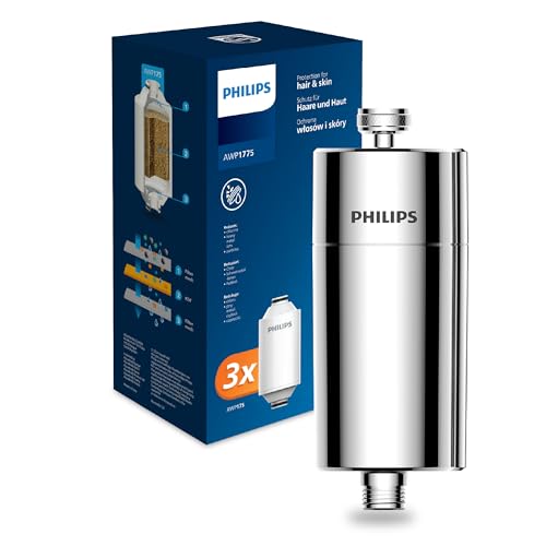 Philips Water in-Line Shower Filter and 3 Replacement cartridges 50 000 L Filtration Capacity Chrome Reduces Chlorine by up to 99% Easy to Install fits All Standard Hoses and taps