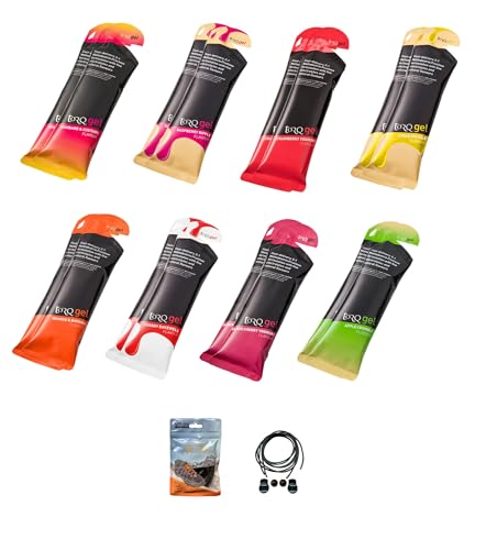 TORQ Energy Gels - Pack of 16 Sachets 8 Different Flavours. Bundle with an Exclusive Pack of Elastic No-tie Reflective Shoe Laces