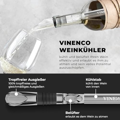 Foto von VINENCO Weinkühler Set DAS ORIGINAL, Flaschenkühler + Dekanter 5-in-1 Premium Wein Zubehör: Edelstahl Flaschen-Weinkühlstab + Dekantier-Belüfter + Ausgießer | Bar Geschenk Frauen Männer, Rot- Weißwein