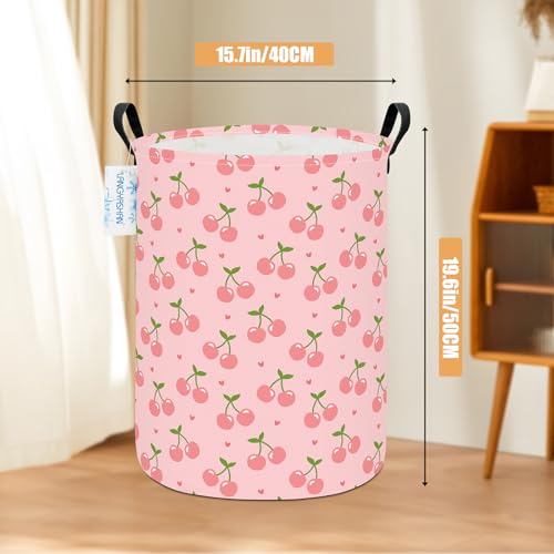 Image of Round Laundry Basket Collapsible Storage Hamper Organizer Pink Cherry | Waterproof Canvas Foldable Baskets with sturdy Handles Multi-scene Organizer for Home Play Bedroom Gift Bin
