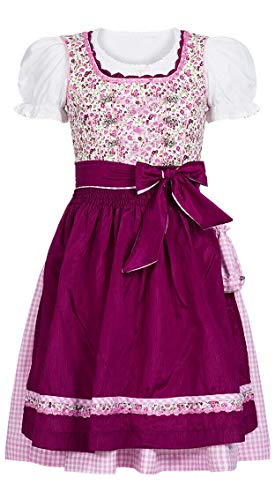 Nübler Dirndl Mädchen Nadja - 3-teiliges Set inkl. Bluse & Schürze - Beere Original bayerische Tracht - Hochwertige Pflegeleichte Qualität - Kinderdirndl für Oktoberfest Größe:92