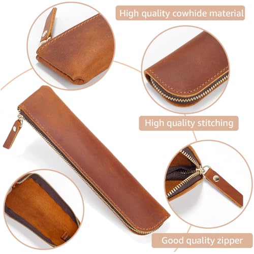 Image of GORGECRAFT Genuine Leather Pencil Case 202 * 50 * 17mm Leather Pencil Case Crazy Horse Saddle Brown Ultra Slim Rectangular Portable Zippered Pen Cases with Zipper for Men and Women Office Supplies