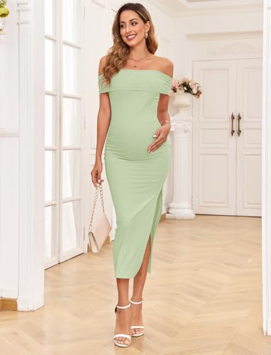 Image of AISWI Maternity Mesh Split Dress Off The Shoulder Ruched Bodycon Pregnancy Dresses Baby Shower Photoshoot, Without Belt, Sage Green, Small