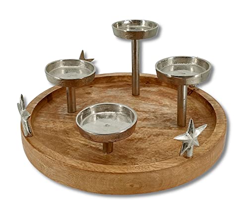 DARO DEKO Mango-Holz und Metall Kerzenhalter rund Silber Ø 30cm (mit...