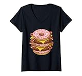 Womens Pink Frosting Sprinkle Donut Double Bacon Cheeseburger V-Neck T-Shirt