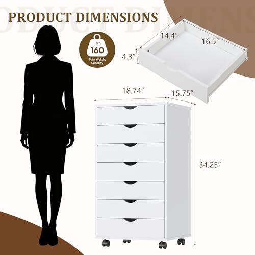Image of 7 Drawer File Cabinet, Under Desk Storage Organization with Wheels, Mobile Filing Chest for Small Desk Printer Stand for Home Office, White