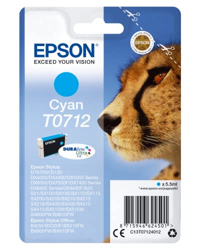 Epson T0712 Guépard Cyan, Cartouche d'encre d'origine, D78 D120 DX4000 DX5000 DX6000 DX7400 DX8400 DX9400F S20 S21 SX100 SX105 SX110 SX200 SX210 SX215 SX400 SX410 SX510W SX600FW BX300F B40W BX600FW